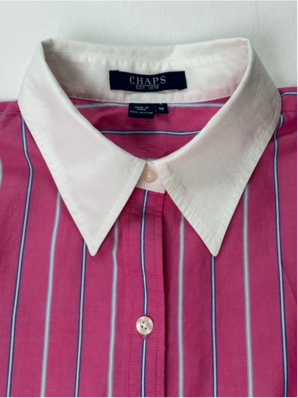 Chaps Women’s Pink Striped Contrast Collar Button Down Shirt Size M - Picture 6 of 12
